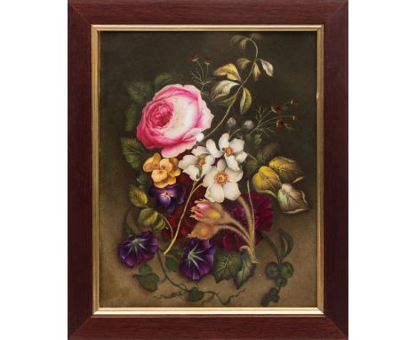 A mid 19th century English porcelain rectangular plaque: painted with a floral bouquet including a full-blown pink rose, viol