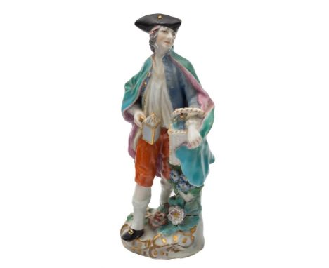 A Chelsea figure of a night watchman: after the Meissen 'Cris de Paris' original modelled by Reinicke, holding a basket of bo