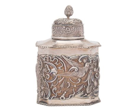 A Victorian silver tea caddy, maker William Comyns & Sons, London, 1891: of rectangular outline with canted corners and embos