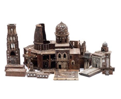 A 19th century hardwood, ivory and mother of pearl inlaid model of The Church of the Holy Sepulchre: with removable dome and 