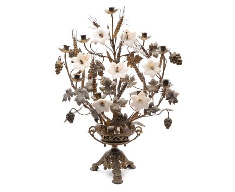 A 19th century gilt brass candelabra:  of arched outline with opaque white glass flowers and gilt wheat ears issuing from a p