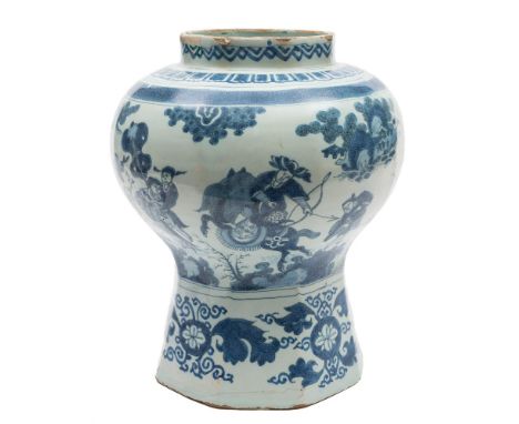 A Frankfurt blue and white delftware vase: of globular form with octagonal lower section, painted in Chinese Transitional sty