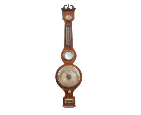P. Corti, Exeter a mahogany five-dial wheel barometer: the eight-inch round silvered dial engraved with typical barometer mar