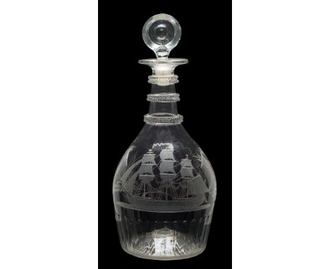 An Irish engraved glass decanter: with triple neck rings and basal comb flutes, engraved with a three-masted ship, the revers