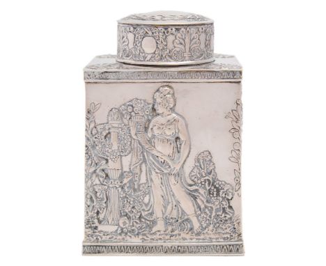 A Continental silver tea caddy and cover, bears French import marks for 1864-1893:  of rectangular outline, with circular lif