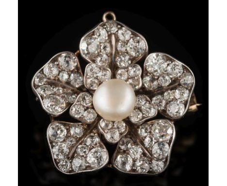 A 19th century diamond and button pearl cluster brooch: of pentagonal form, the central single button pearl approximately 6.7