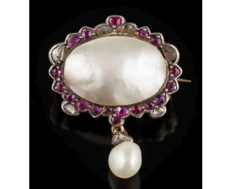 A mabe cultured pearl, ruby and rose diamond mounted oval cluster brooch: suspending a rose diamond and baroque pearl two-sto