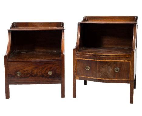 A Georgian mahogany and inlaid bow-fronted graduated adapted commode:, with a hinged shelf and three quarter gallery, having 