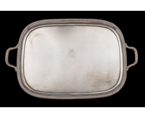 A large George V silver serving tray, maker Harrison Brothers &amp; Howson, Sheffield, 1920: crested and inscribed, of rectan