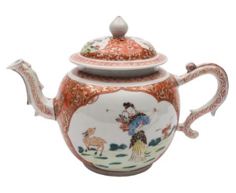 A Chinese famille rose/verte teapot and cover: painted to each side with an elegant lady and a deer in landscape within lotus