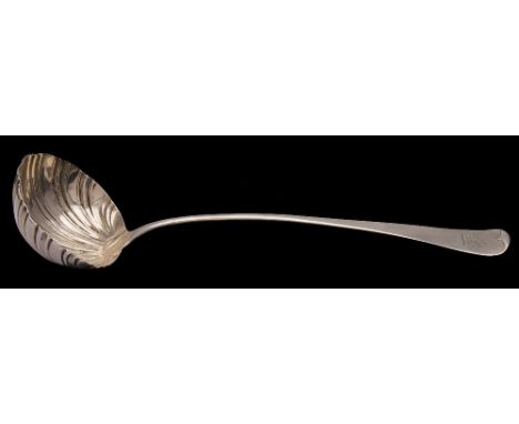 A George III  silver  Hanoverian pattern soup ladle, maker's mark worn, London, 1766: crested, with shell-shaped bowl, 34.5cm