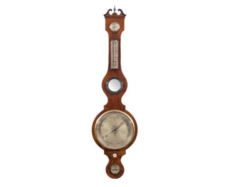 J. Shaco, Chorley a mahogany five-dial wheel barometer: the ten-inch round silvered dial with typical barometer markings and 