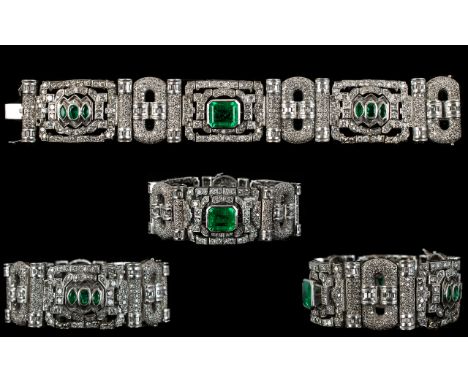 A Stunning 18ct White Gold Diamond And Emerald Set Cocktail Bracelet Of Pleasing Proportions Circa 1930's/1940's, comprising 