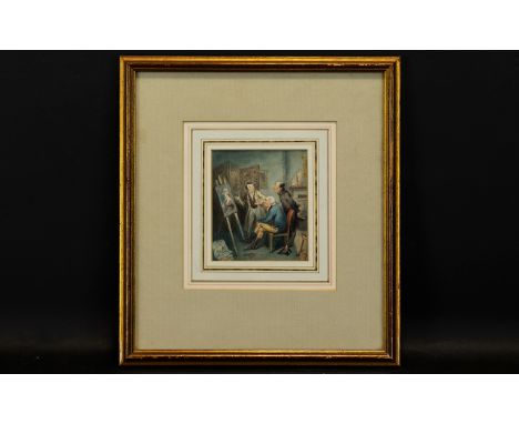 An Original Watercolour Unsigned, highly detailed watercolour illustration depicting a group of Georgian gentleman and young 