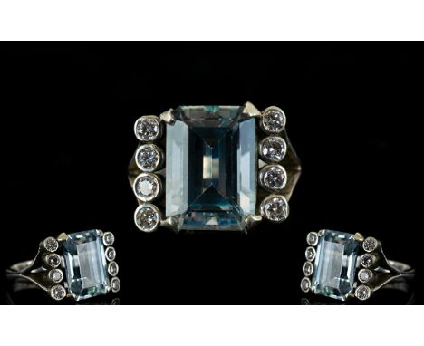 Ladies - Nice Quality Large and Impressive 9ct Gold Aquamarine and Diamond Set Dress Ring. Hallmark for Edinburgh. Aquamarine