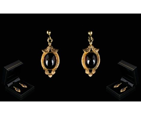 Antique Period Excellent Pair of 9ct Gold and Garnet Set Earrings, The Cabochon Cut Garnet of Deep Fire / Red Colour. The Who