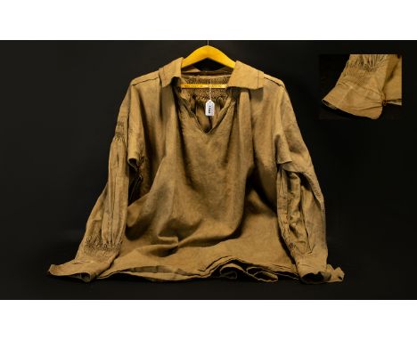 A 19th Century Agricultural Workers Smock Shirt Of Mid Brown Drabbet Comprising open v-neck collar with single button, large 
