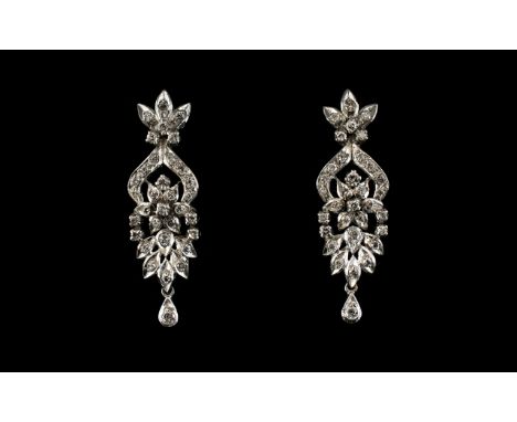 Early Art Deco - Stunning Pair of 18ct White Gold Diamond Set Drop Earrings of Wonderful Form. The Diamonds of Good Colour an