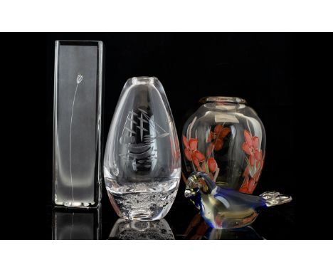 Collection of Glass Items to include Graal-style Art Glass Vase from Scandinavia with orange floral decoration height 6"; Gla