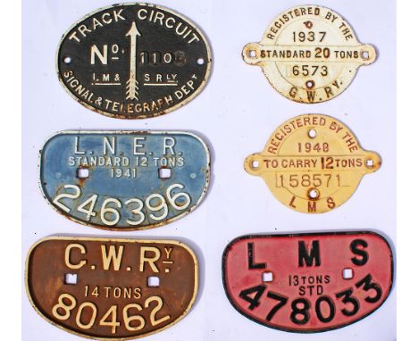 A GWR, LNER and LMS D type Wagon Plates with a GWR and an LMS Registration Plate plus an LMS Track Circuit Plate. (6 items)
