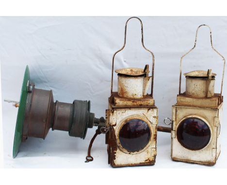 A pair of BR Tail Lamps both complete with interiors together with a Sugg Platform Lamp, no glass. (3 items)
