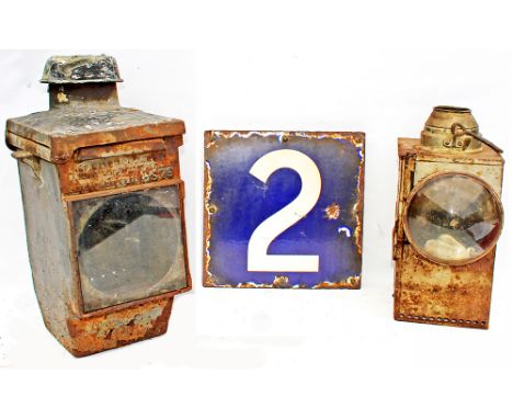 Enamel Car Stop Sign No 2, blue and white and an SR Signal Lamp Case complete with interior. (2 items)