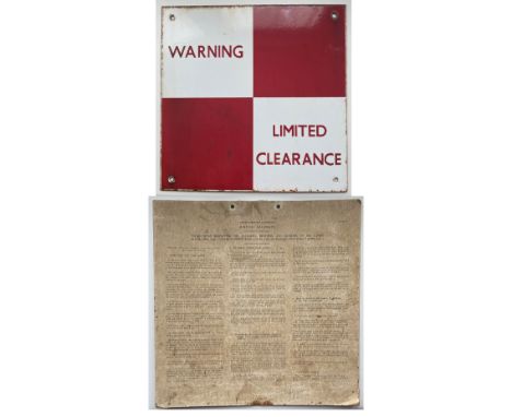 Enamel Sign WARNING LIMITED CLEARANCE, 12in x 12in, ex Orpington Goods Shed. Extremely good condition. Together with a thick 