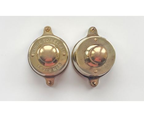 Sykes Brass Plungers, a pair. One has a brass ring engraved PLUNGE TO RELEASE LEVER No5, the other is plain. Both nicely poli