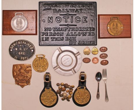 Miscellany comprising: 7 Paychecks; an LMS Fork and a non railway spoon: a small quantity of Buttons; a number of GWR 150 cel