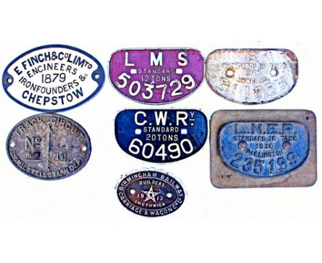 Quantity 5 Wagon Plates, a Finch Bridge Builders plate and a BR-M Track Circuit plate. (7 items)