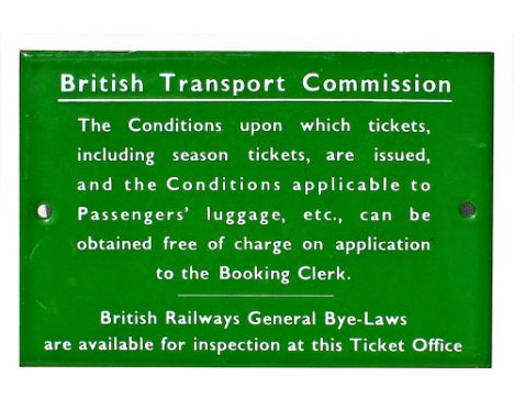 BR(S) British Transport Commission small enamel sign Conditions Upon Which Tickets etc. Light green, virtually mint condition