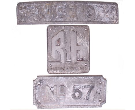 A set of 3 aluminium plates;  RUSTON measuring 17in x 3.75in; RH Ruston Hornsby measuring approximately 8in x 7.25in and No 5