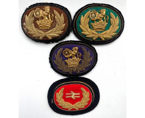 British Railways sew-on gilt wreath &amp; lion holding wheel Station Master Badges comprising; BR(W); BR(E) and BR(S) togethe