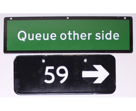 Enamel Sign, double sided Queue This Side and Queue Other Side. Measuring 15.5in x 4.5in, virtually mint condition. Together 