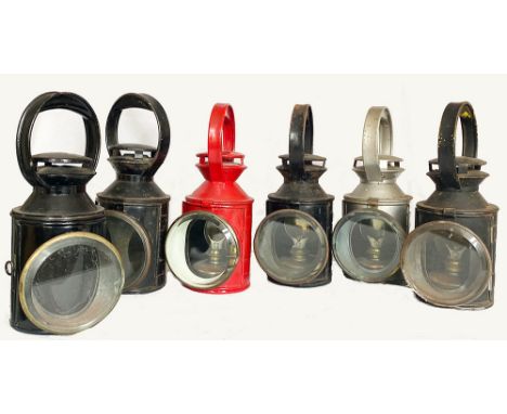 Lamp collection comprising: quantity 3 LPTB Handlamps, all complete except 1 missing blue glass and 1 missing reflector brack