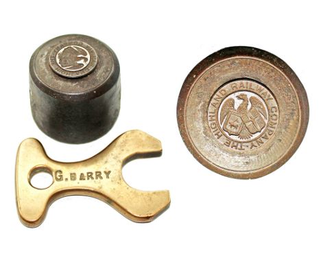 Highland Railway Company Button Die. Small, heavy device 1.75in high with a relief of the 25mm button. Depicts the Burgh Arms