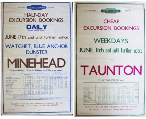 A pair of BR(W) D/R Posters comprising: Excursions to Watchet, Blue Anchor, Dunster and Minehead dated July 1957; from previo
