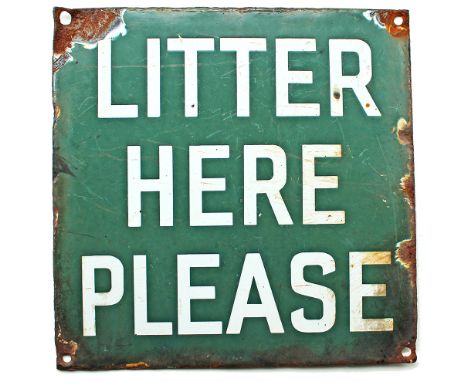 Southern Railway enamel sign LITTER HERE PLEASE. Measures 8in x 8in, some edge and corner damage.