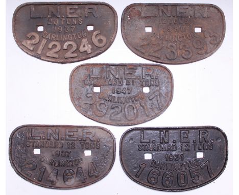 LNER D type Wagon plates qty 5, all Darlington comprising: 20 Tons 1937 No 212246; 12 Tons 1938 No 223393; 21 Tons 1947 No 29