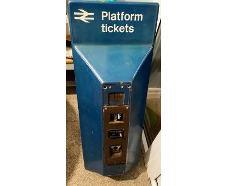 British Rail Platform Ticket Machine in corporate blue with double arrow logo. Mechanism marked for 1/-.