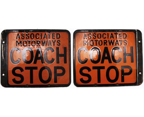 Associated Motorways Coach Stop. Double sided enamel measuring 11.75in x 10.5in, extremely good condition.