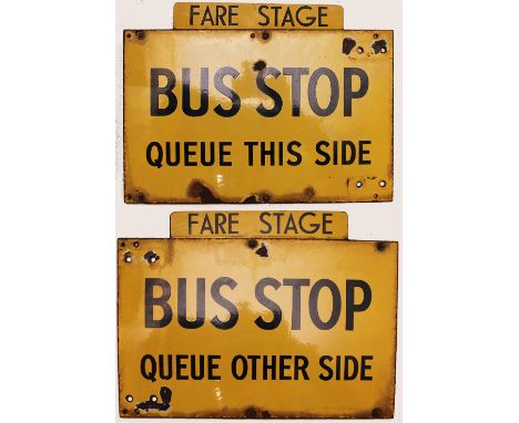 Enamel  BUS STOP Sign Queue This Side/Queue Other Side with an added top plate FARE STAGE. Although double sided, it is actua