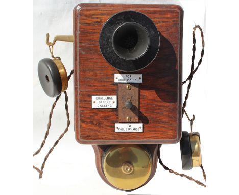 Wood cased Signal Box Telephone with all three enamel plates present, ex Preston Park signal box.