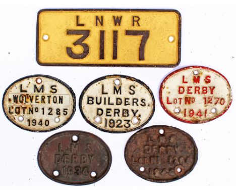 LMS Builders Plates x5 together with Derby Builders Plates x4 two are broken and x1 Wolverton similar. Together with an LNWR 