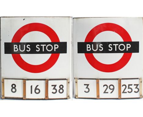 LT double sided enamel BUS STOP with 6 different E Route Destination Plates, 3, 29, 253 and 8, 16, 38. Measures 18in x 20.75i