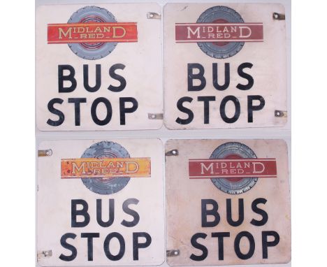 A pair of double sided, Midland Red Bus Stop plates depicting the company logo of full title through tyred wheel. Measures ap