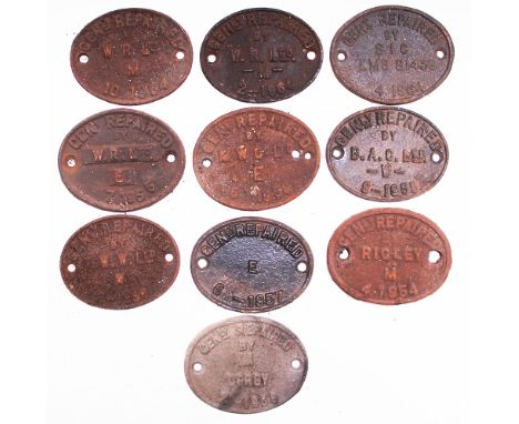 Generally Repair Plates qty 10 comprising: Rigley 1954; B A C Ltd 1956; S I C LMS 18439 1964; WR Ltd E 71955; a pair of WR Lt