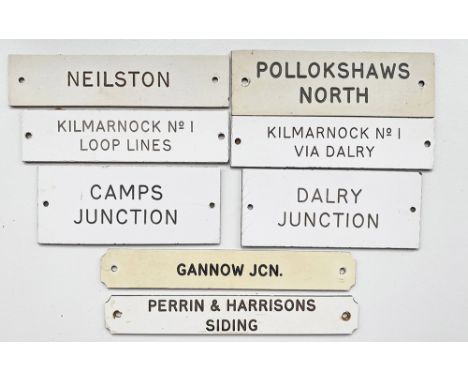 Traffolite Signal Box Shelf Plates, quantity 8 comprising: Neilston, probably from Muirend; Pollockshaws North, probably from