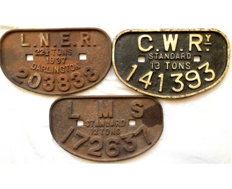 ‘D’ Type Wagon Plates, qty 3 comprising: LNER 22 ½ Tons 1937 Darlington number 203838; GWR Standard 13 Tons 141393; LMS Stand