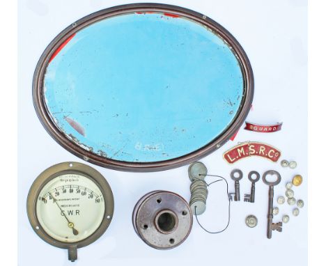 BR(E) bakelite framed Mirror; GWR Gauge; x22 LNWR WALSALL Paychecks; an unmarked Landmine Inkwell; LMS Buttons; BR(M) Capbadg